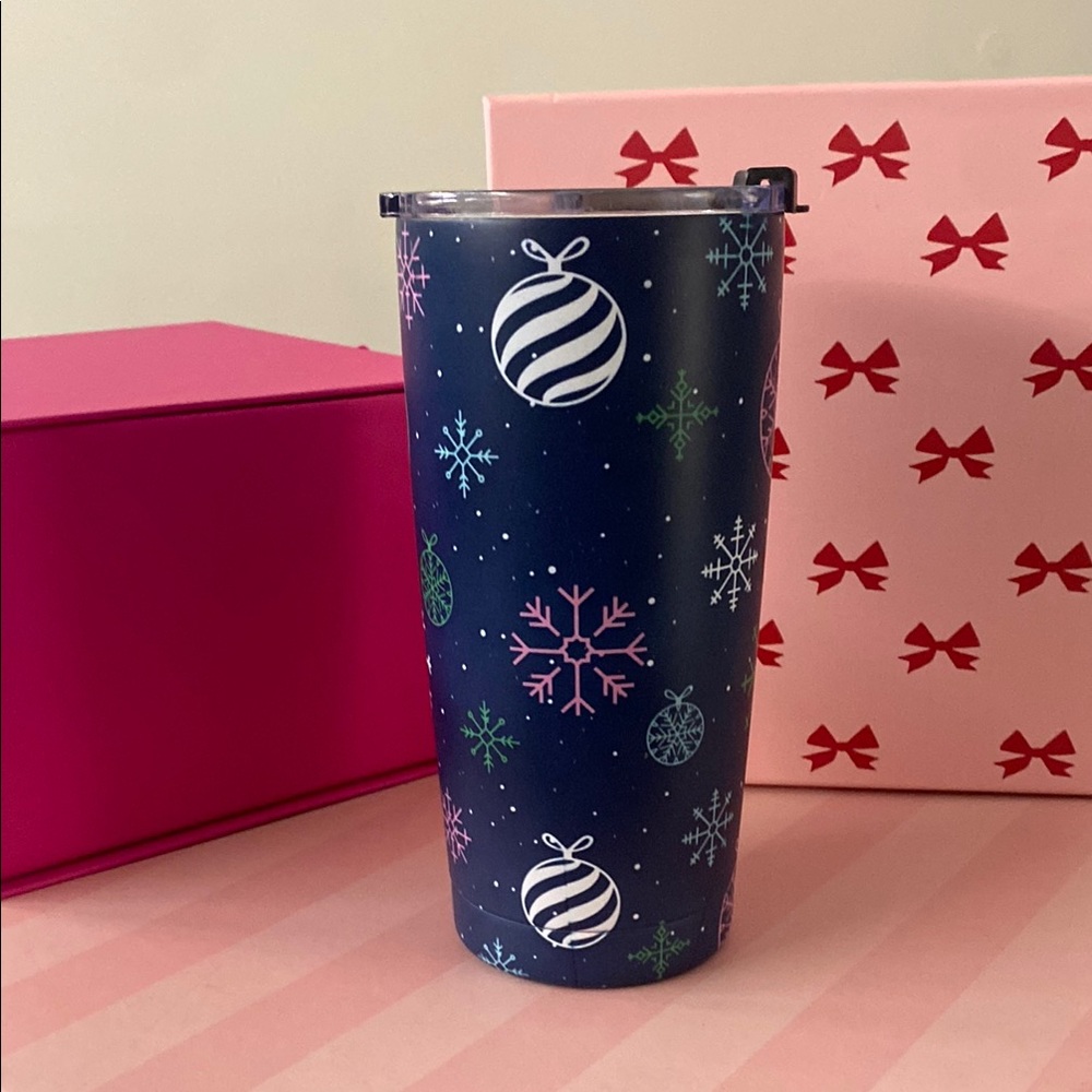 Festive Navy Tumbler with Snowflakes and Ornaments